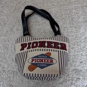 Pioneer Seed Corn Tote Bag Purse Blue Stripe Canvas Black Faux Leather Handles